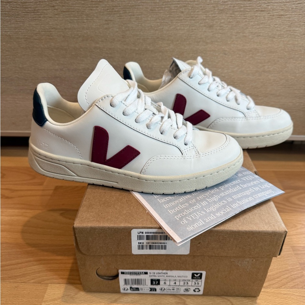 Veja V-12 Leather Sneakers – Extra White/Marsala/Nautico – Size 37 (US 6/6.5)